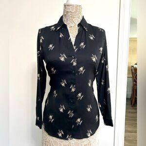 Ann Taylor Satin Button-Front Shirt ,black whimsical dandelion,Brand New